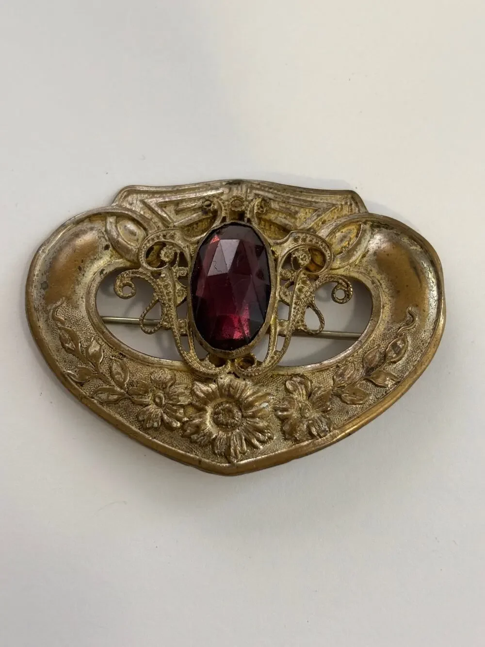 Vintage Antique Art Nouveau Brooch Amethyst Glass Large